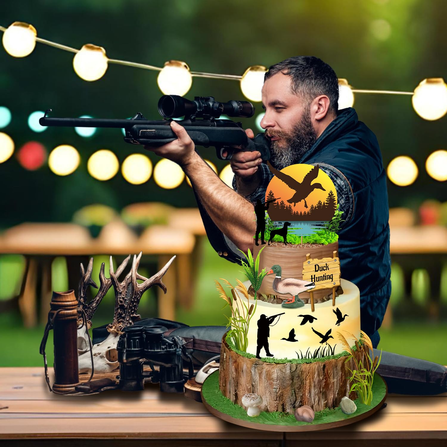 Hokiis duck-themed cake on a party table suggesting rustic decor coordination