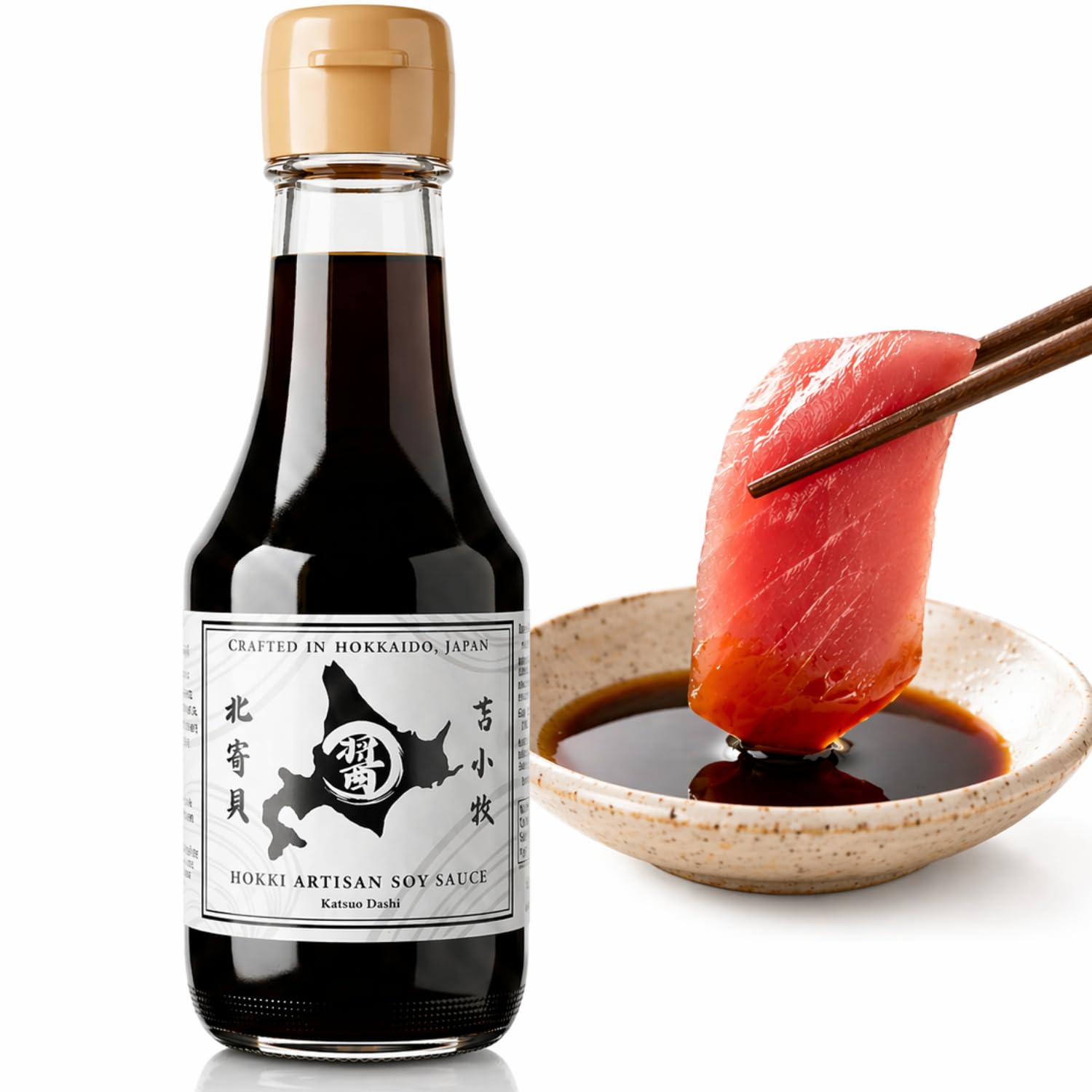 HOKKI Artisan Soy Sauce front bottle showing 150ml size and premium label, highlights authenticity