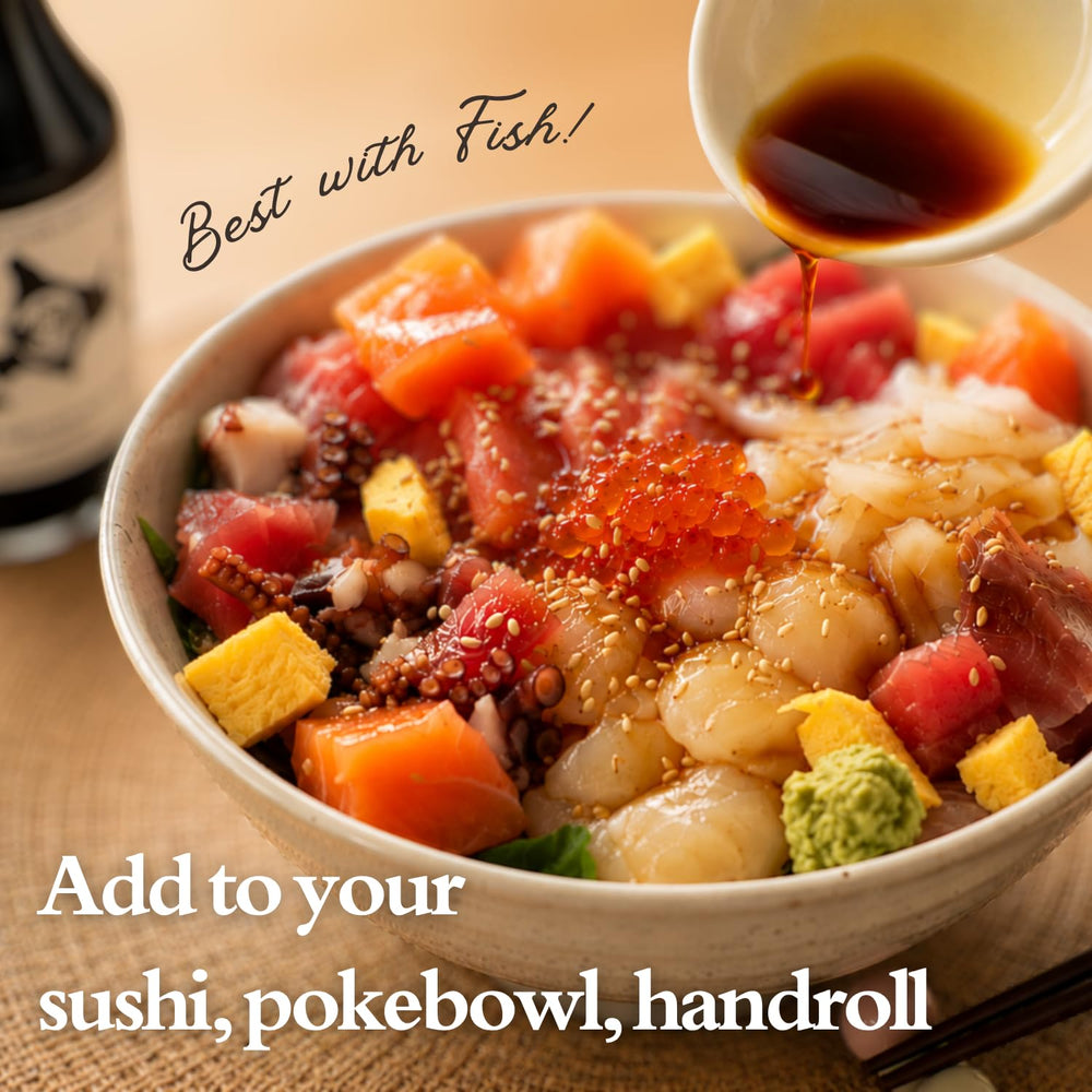 HOKKI bottle beside sushi platter demonstrating enhanced umami pairing for raw fish