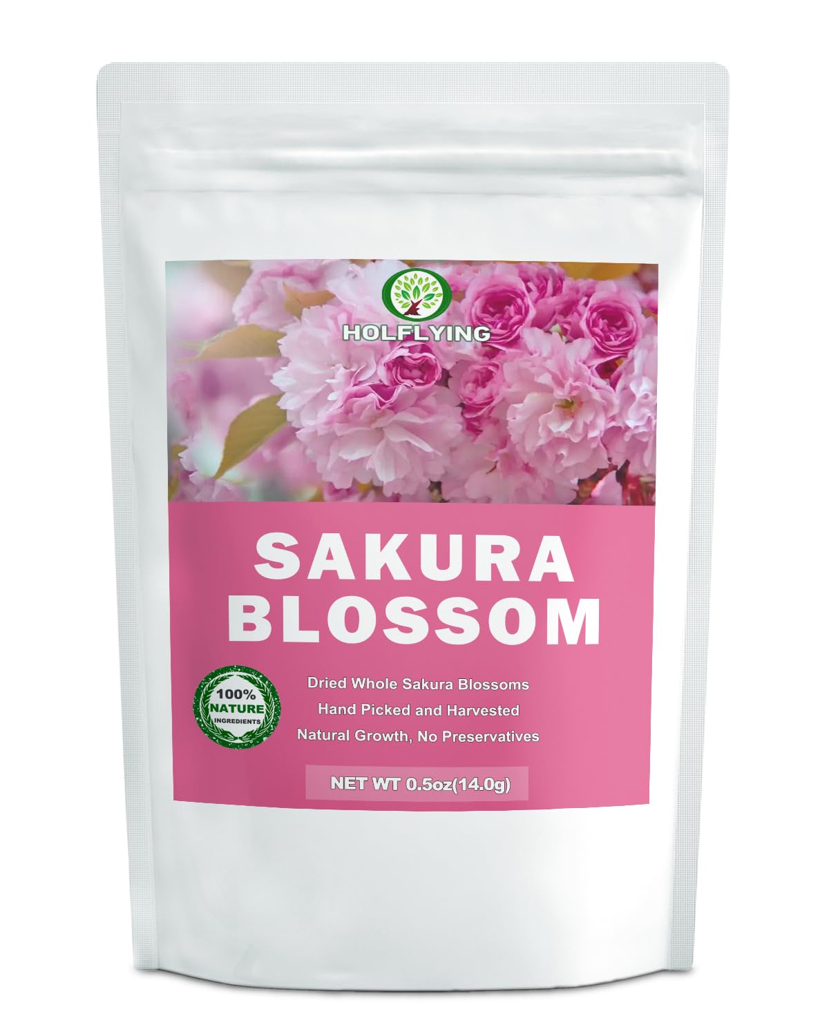 HOLFLYING front packaging showing resealable bag and blossoms, preserves freshness