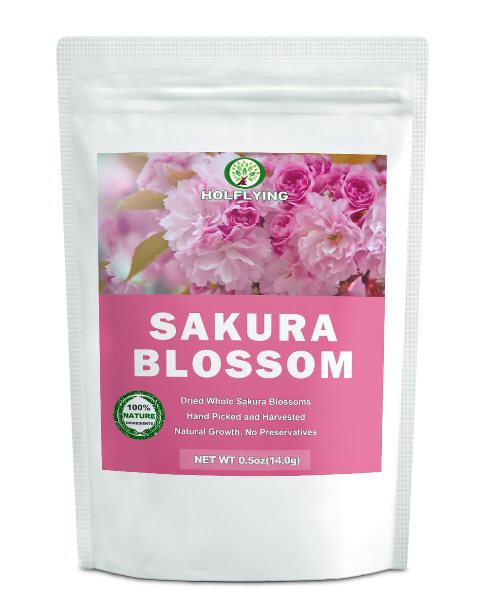 HOLFLYING front packaging showing resealable bag and blossoms, preserves freshness