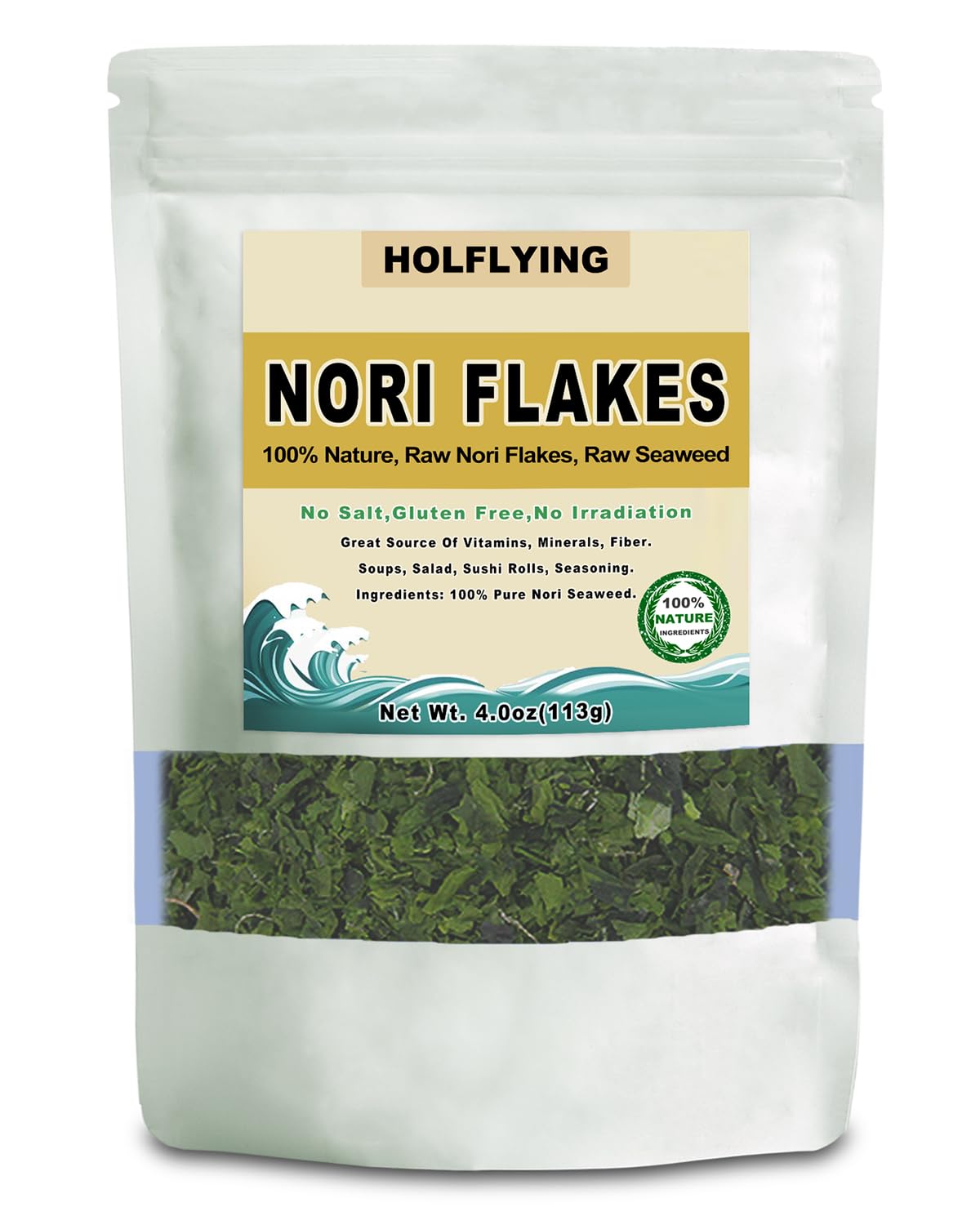 HOLFLYING front packaging showing 4.0 oz pure nori flakes, convenient pantry topping