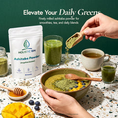 Holistic Bin finely milled ashitaba powder close-up showing smooth texture and easy mixing