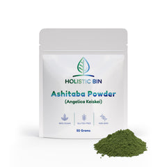Holistic Bin front pouch showing organic ashitaba powder and branding benefit freshness