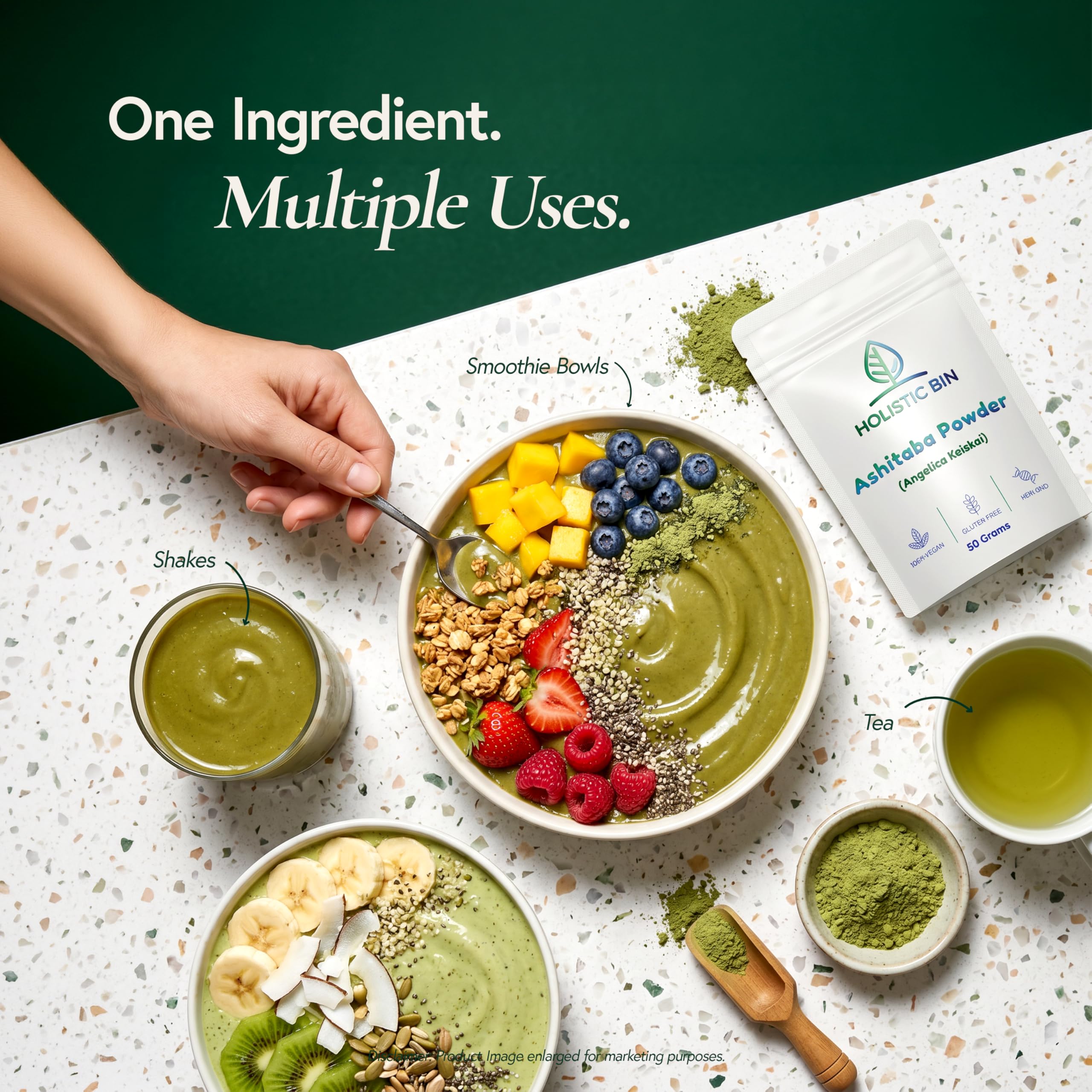 Holistic Bin ashitaba stirred into a smoothie bowl showing natural green color and taste balance