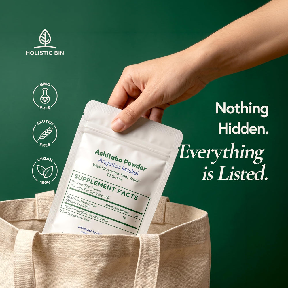 Holistic Bin pouch beside a kitchen scale illustrating 50 g size and travel-friendly benefit