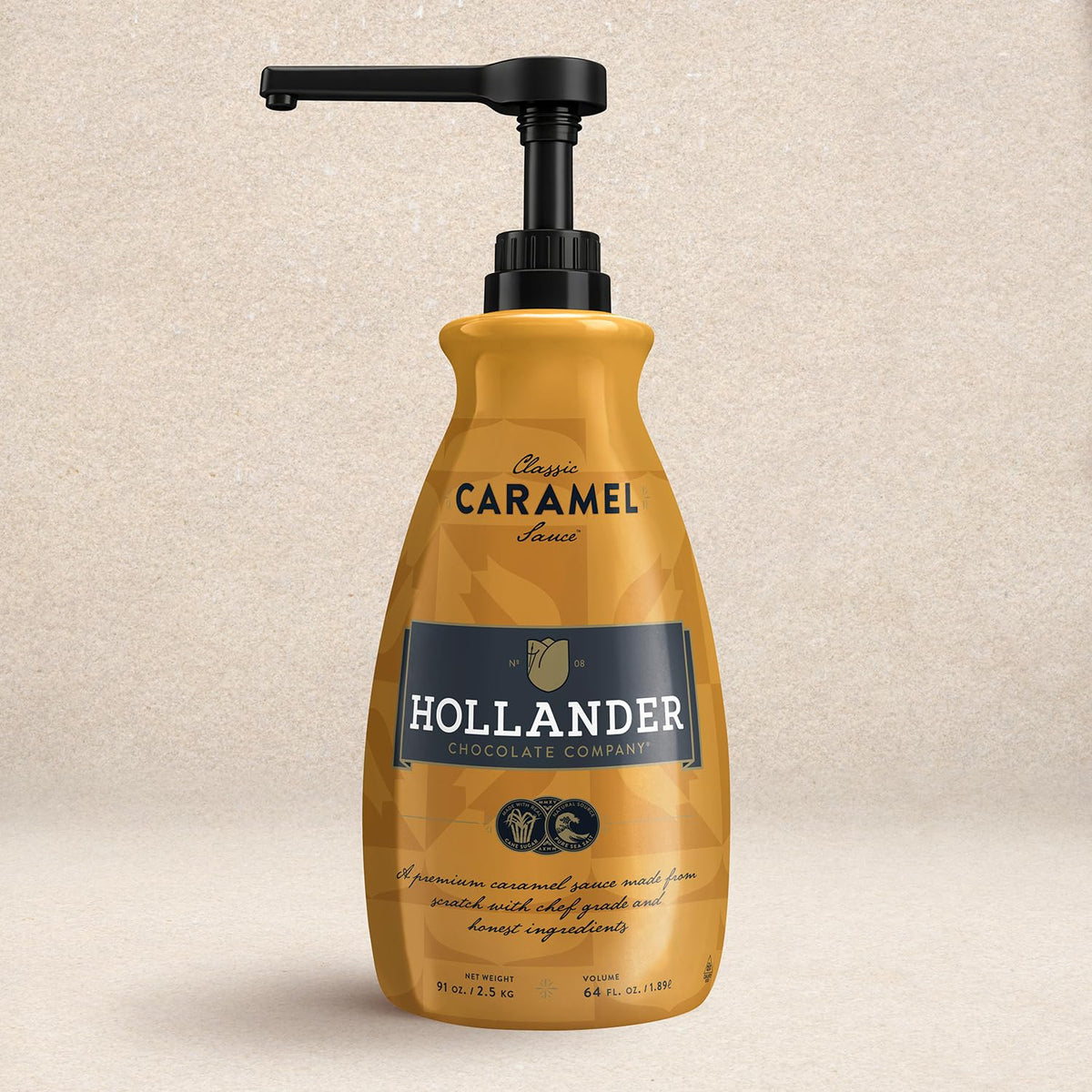 Hollander Chocolate front packaging showing large 91oz bottle and pump benefit fast service