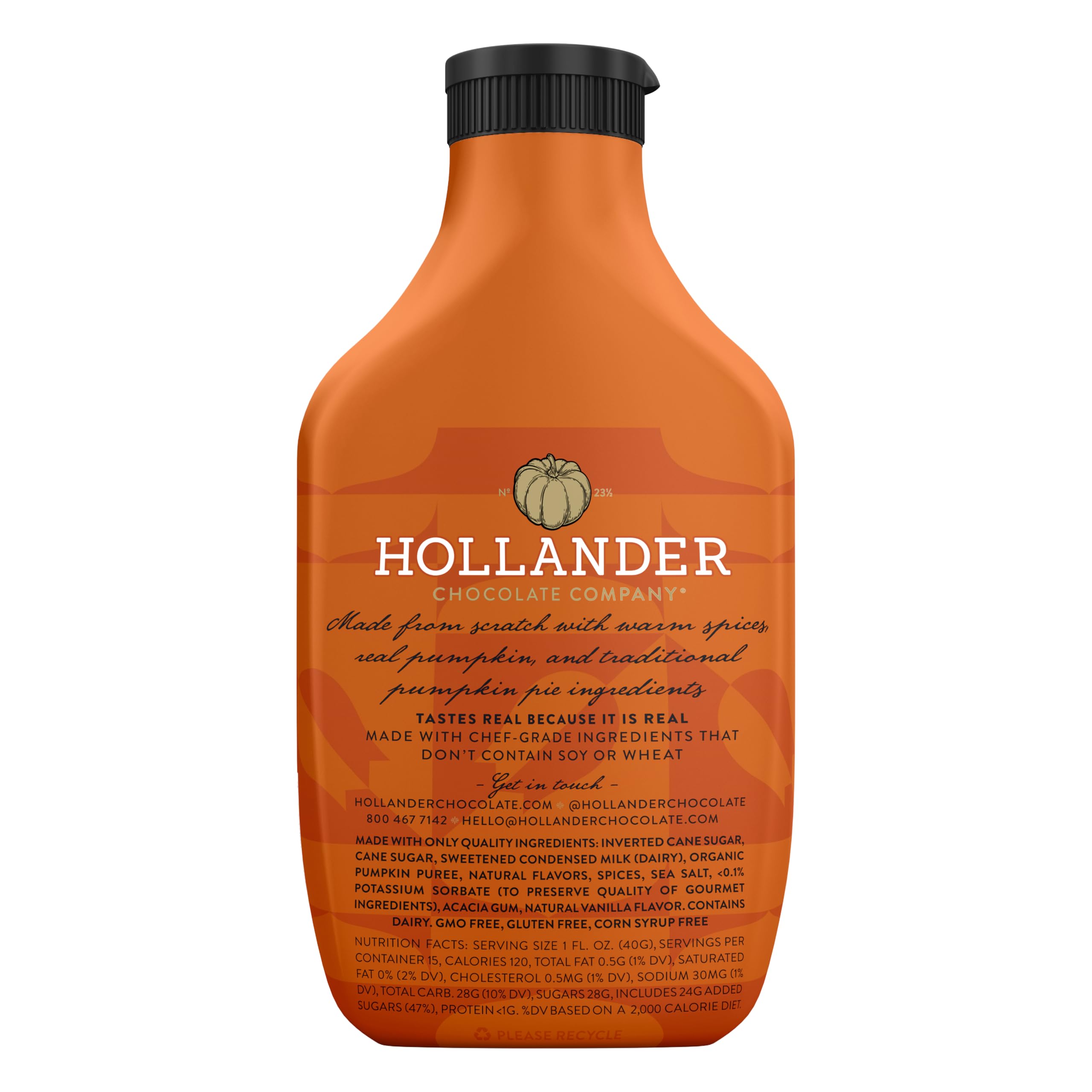 Hollander Pumpkin Pie Sauce drizzled over dessert, adds pumpkin pie flavor and visual appeal