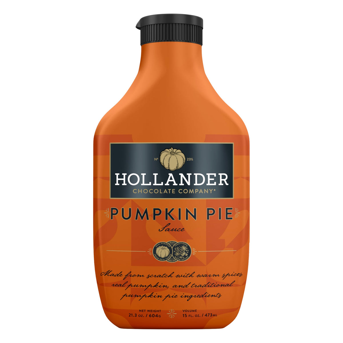 Hollander Pumpkin Pie Sauce front packaging showing label and squeeze bottle, convenient portioning
