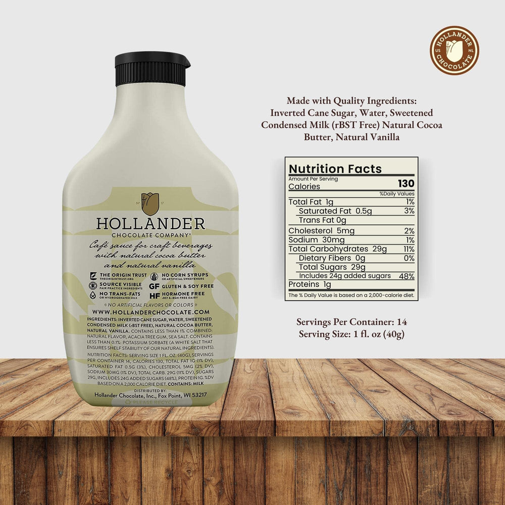 Hollander white chocolate close texture stream showing smooth pour for precise topping