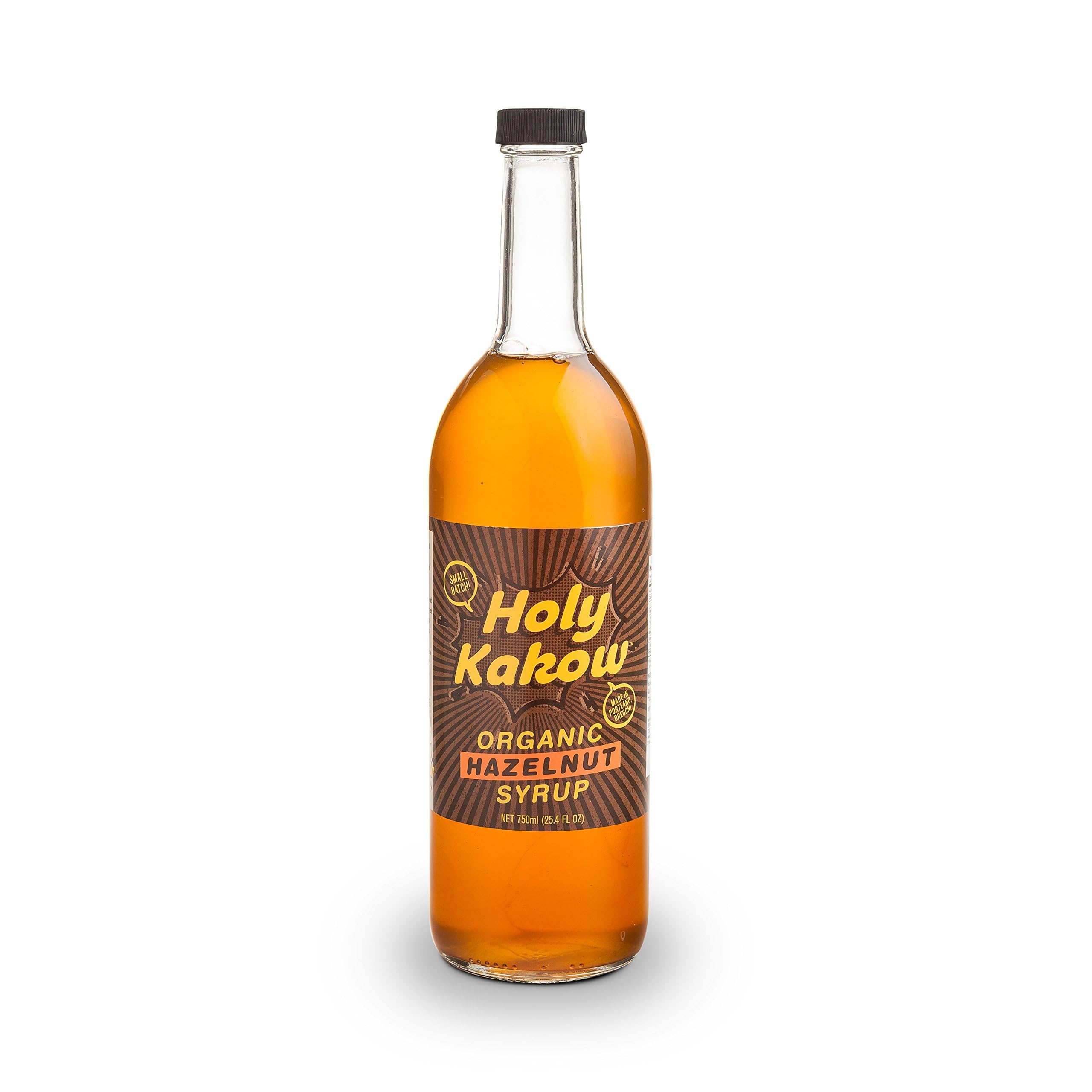Holy Kakow front bottle showing label and organic hazelnut benefit