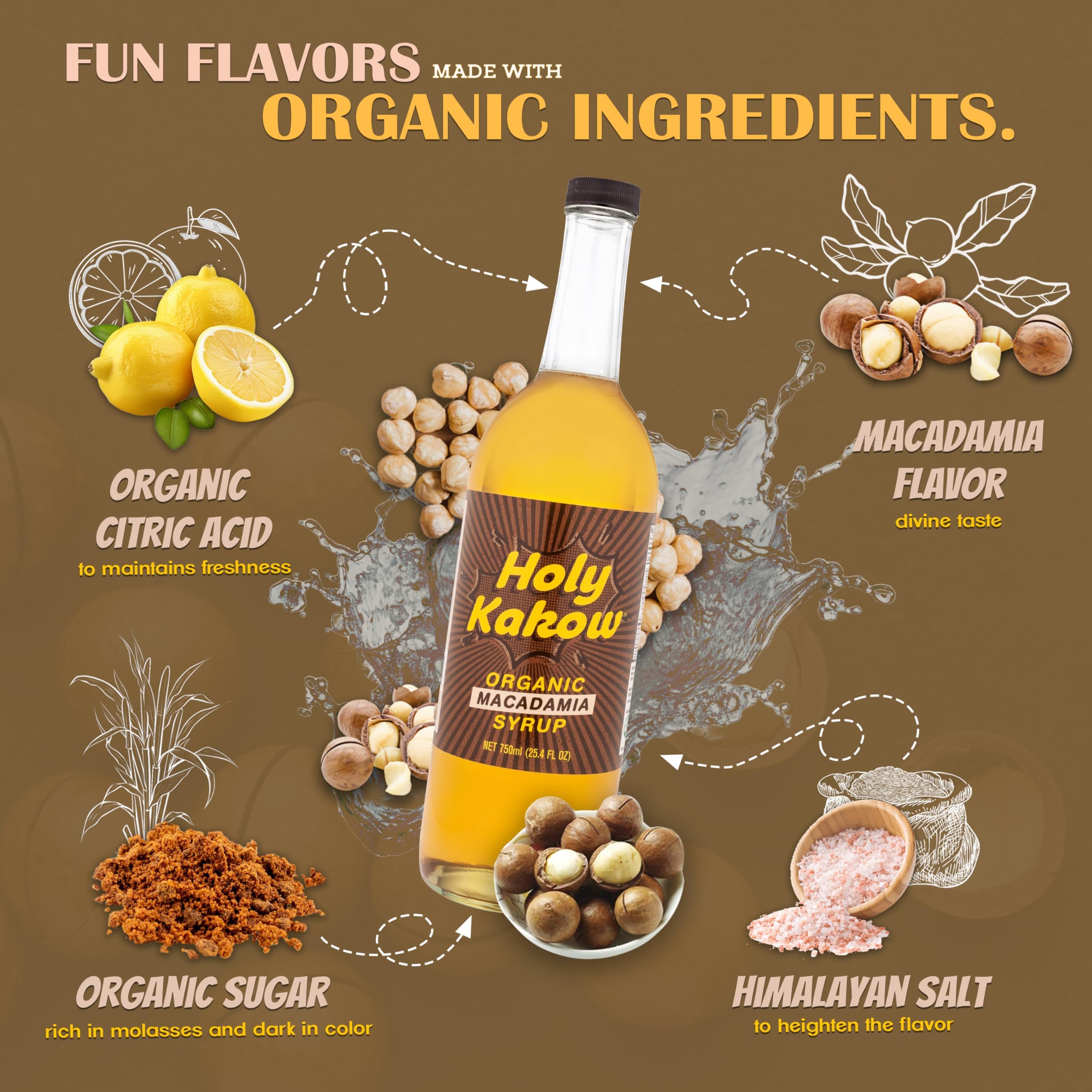 Holy Kakow macadamia syrup adding nutty drizzle to a latte for depth