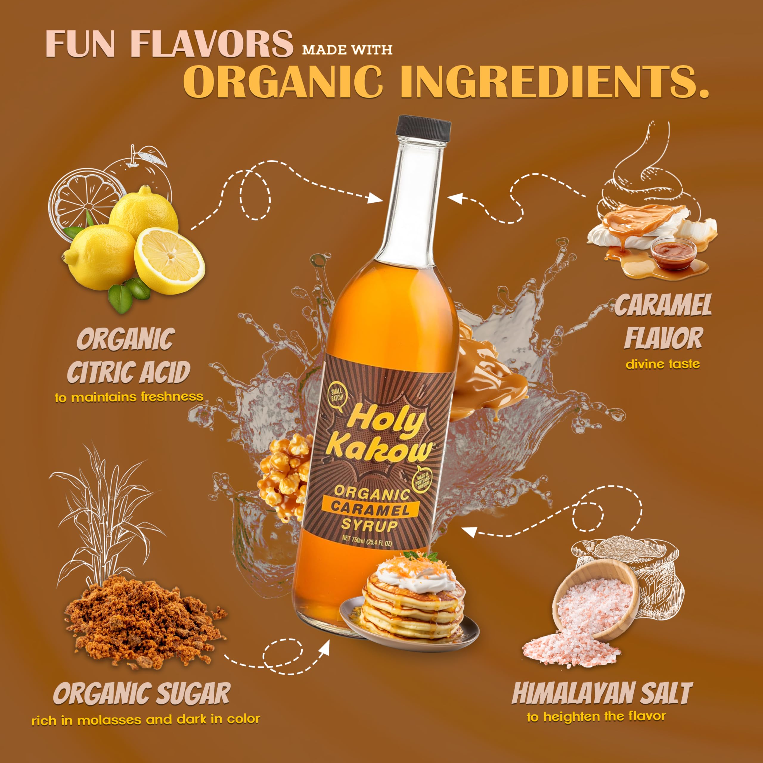 Holy Kakow caramel syrup in latte with caramel drizzle showcasing enhanced flavor