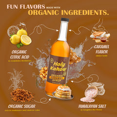 Holy Kakow caramel syrup in latte with caramel drizzle showcasing enhanced flavor