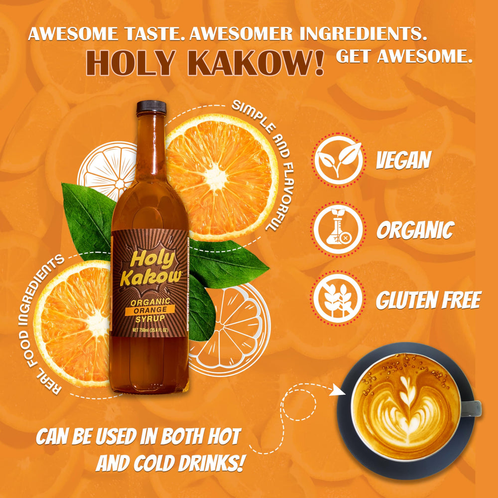 Holy Kakow syrup pouring close-up showing texture and vibrant orange hue for lattes