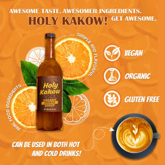 Holy Kakow syrup pouring close-up showing texture and vibrant orange hue for lattes