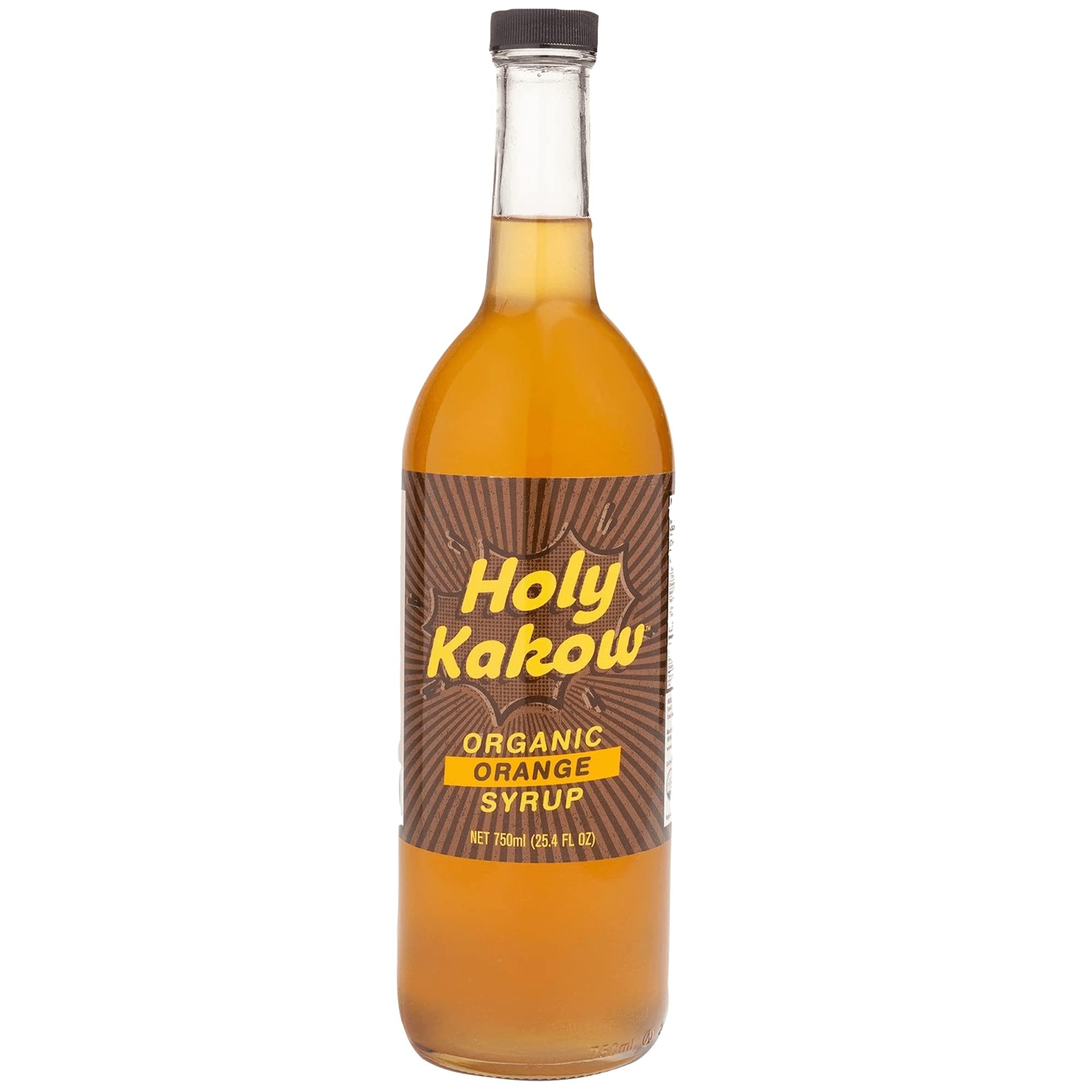 Holy Kakow bottle front label showing organic orange syrup, clear branding and volume