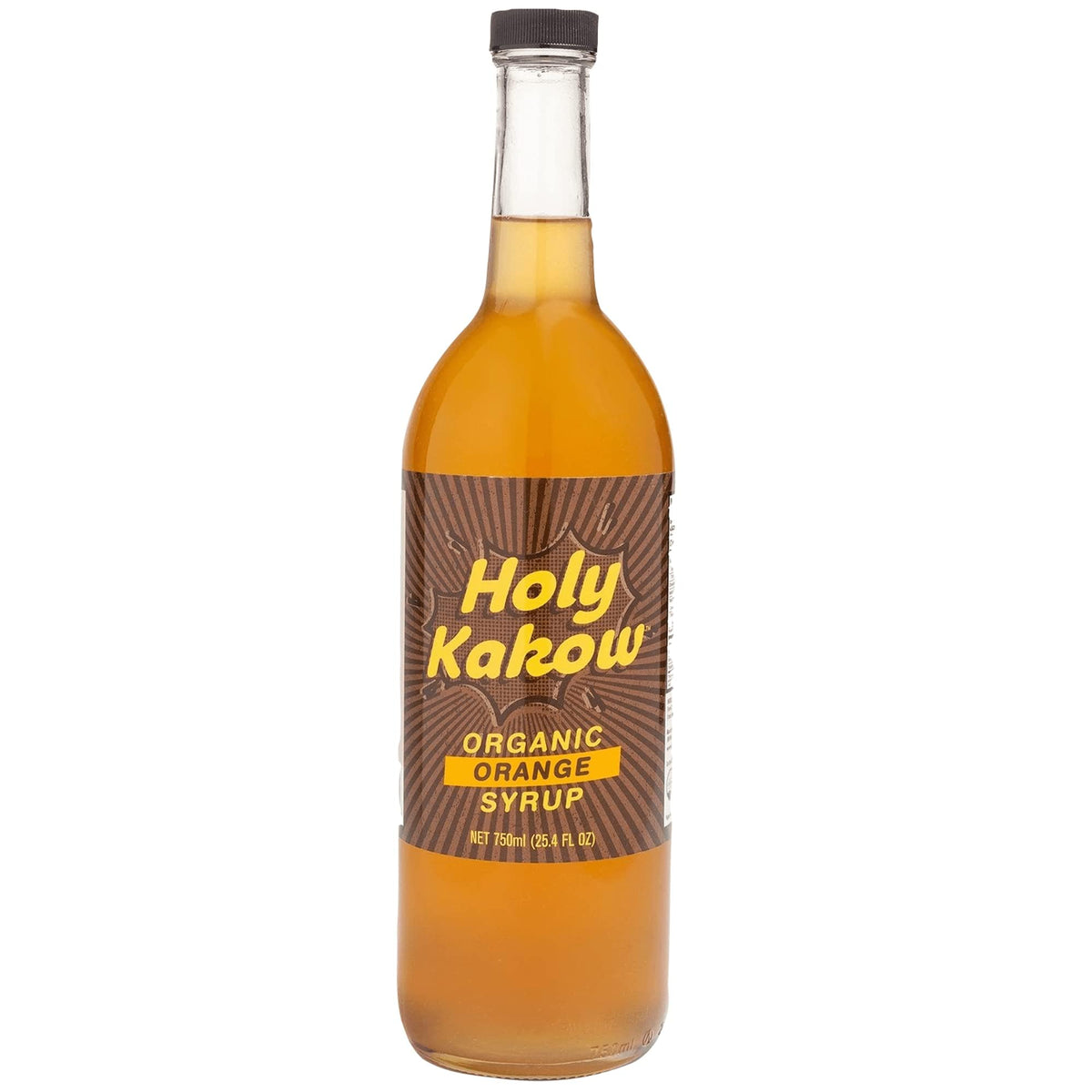 Holy Kakow bottle front label showing organic orange syrup, clear branding and volume