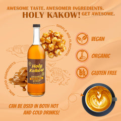 Holy Kakow syrup pouring closeup showing smooth caramel stream and easy mixing