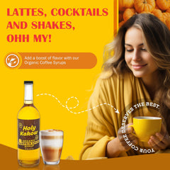 Holy Kakow syrup pouring over espresso to add warm pumpkin spice flavor
