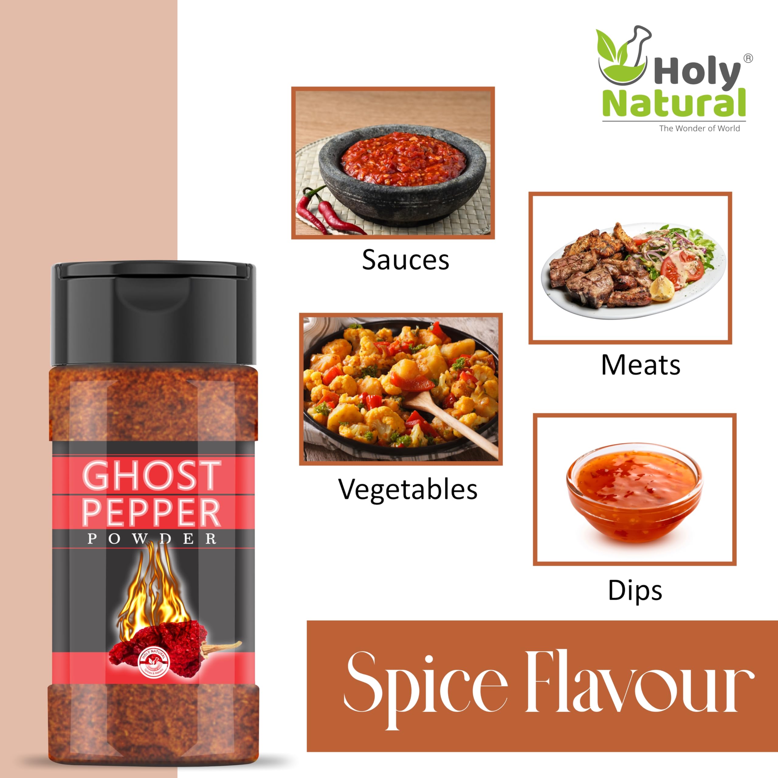 100 g packet of Holy Natural ghost pepper powder shown next to a measuring spoon