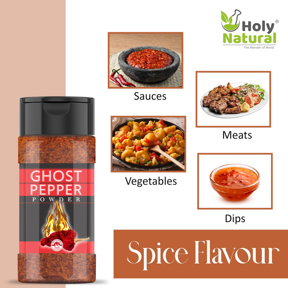 100 g packet of Holy Natural ghost pepper powder shown next to a measuring spoon