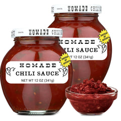 Homade Chili Sauce front packaging shows two bottles and pantry-ready convenience