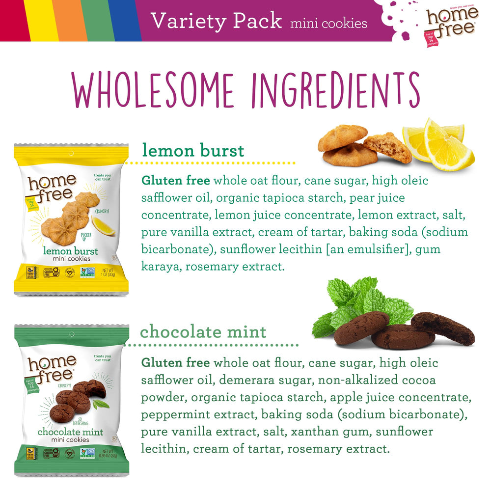 Homefree vanilla and lemon mini cookies stacked to show bright flavor options