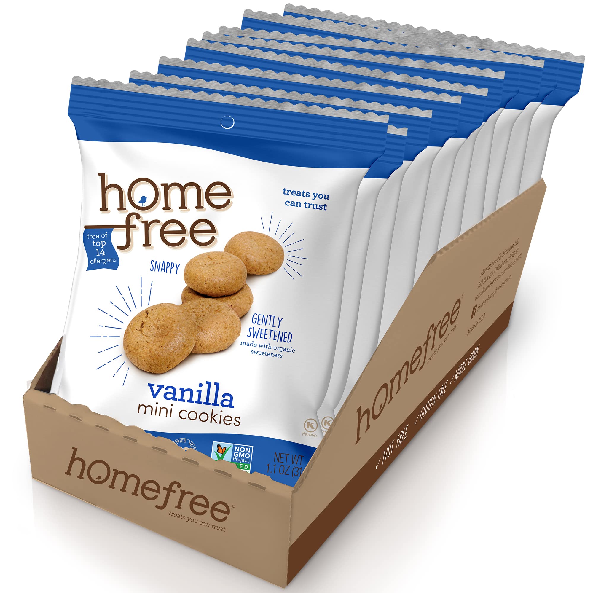 Homefree front packaging showing 10-pack and organic claim for convenient snacking