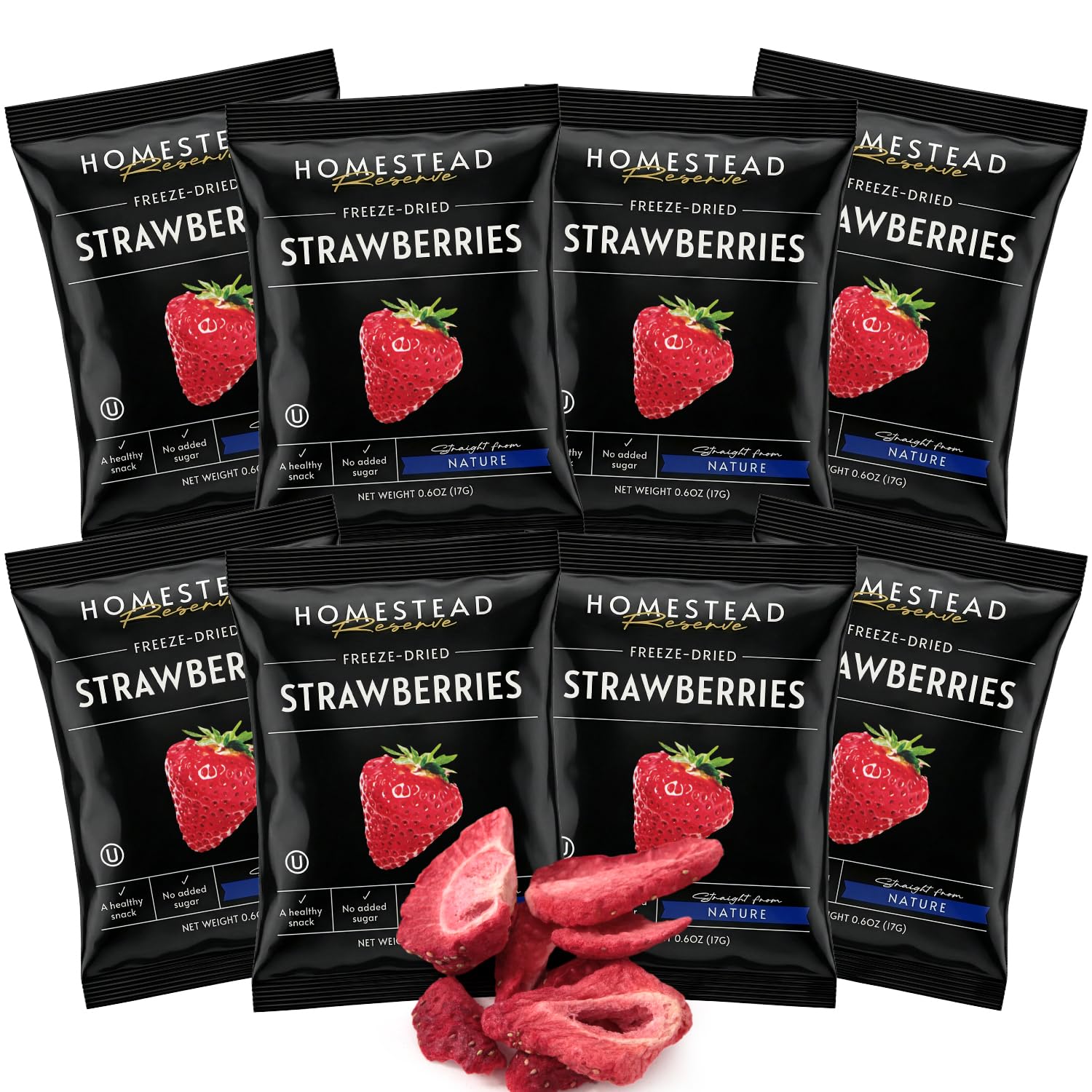 Homestead Reserve front packaging showing eight single-serve strawberry pouches and clear brand display