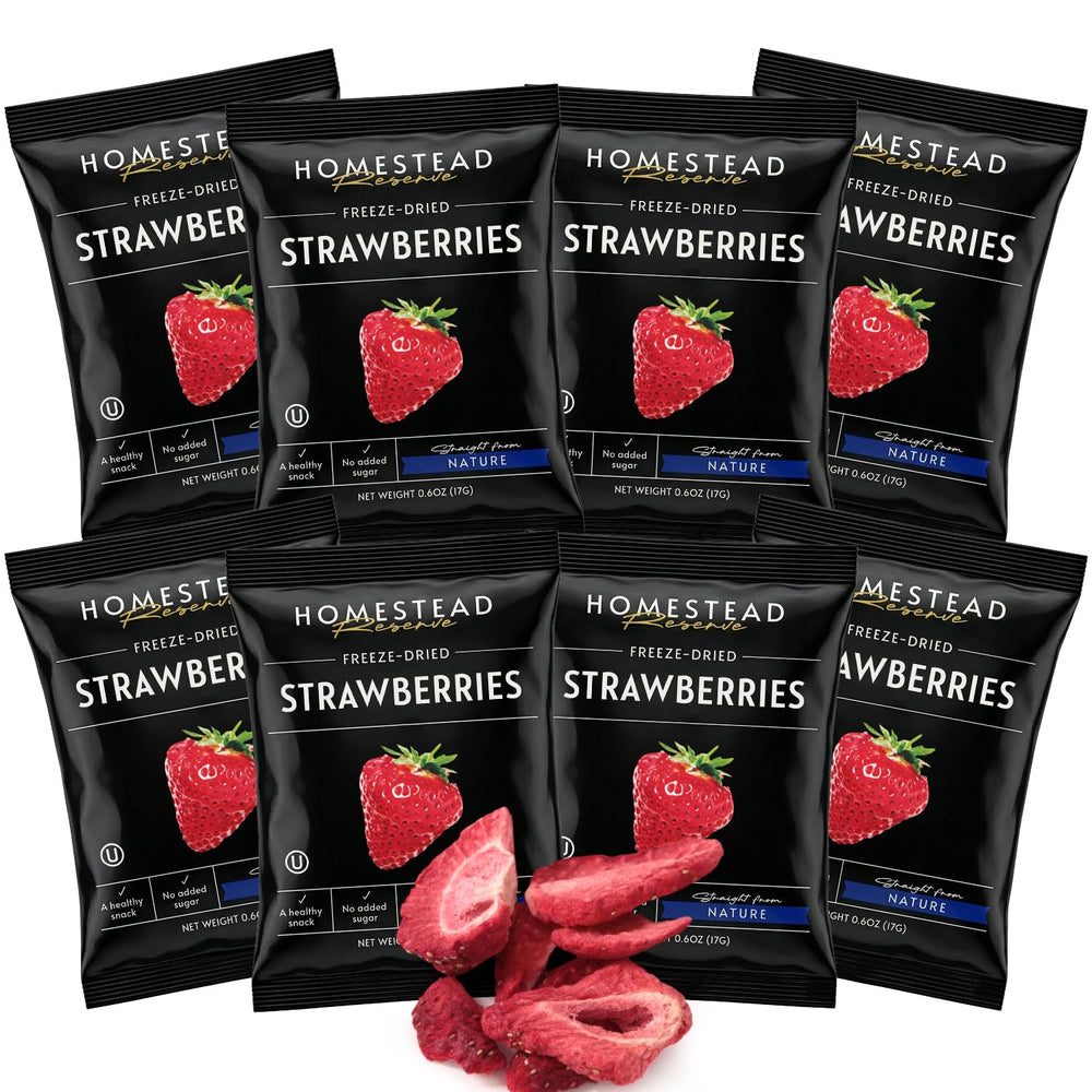 Homestead Reserve front packaging showing eight single-serve strawberry pouches and clear brand display