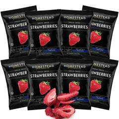 Homestead Reserve front packaging showing eight single-serve strawberry pouches and clear brand display