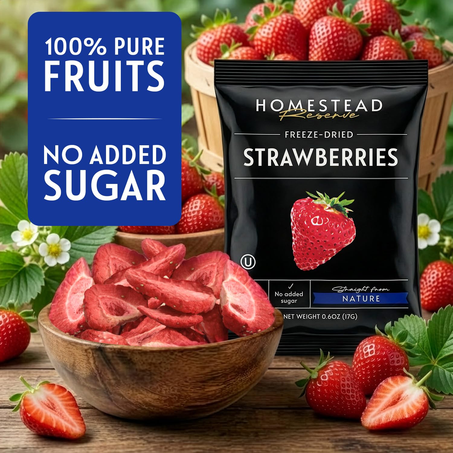 Homestead Reserve opened pouch spilling crisp strawberry slices for easy snacking