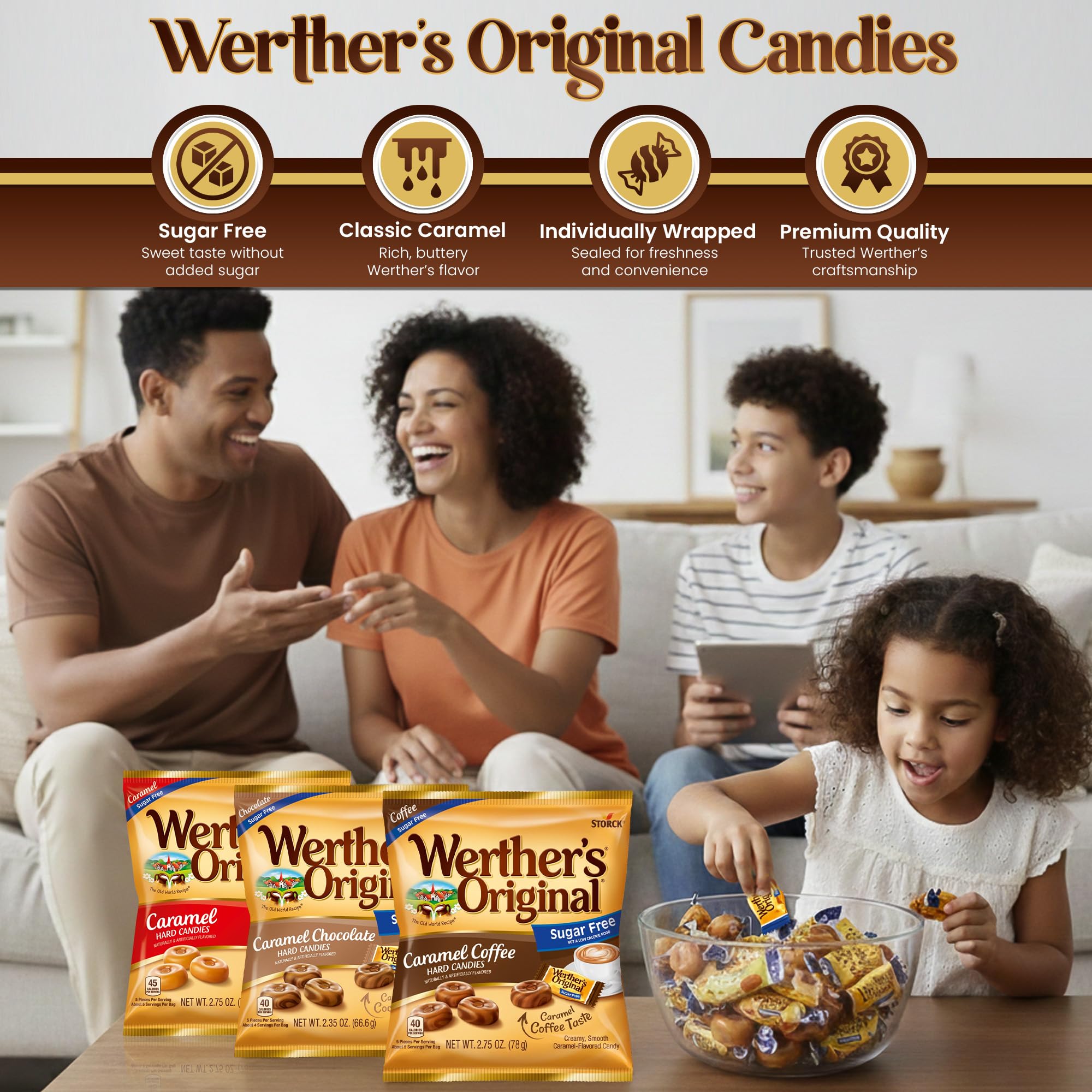Hominics Werther's individually wrapped pieces spread out to show portion control and easy sharing