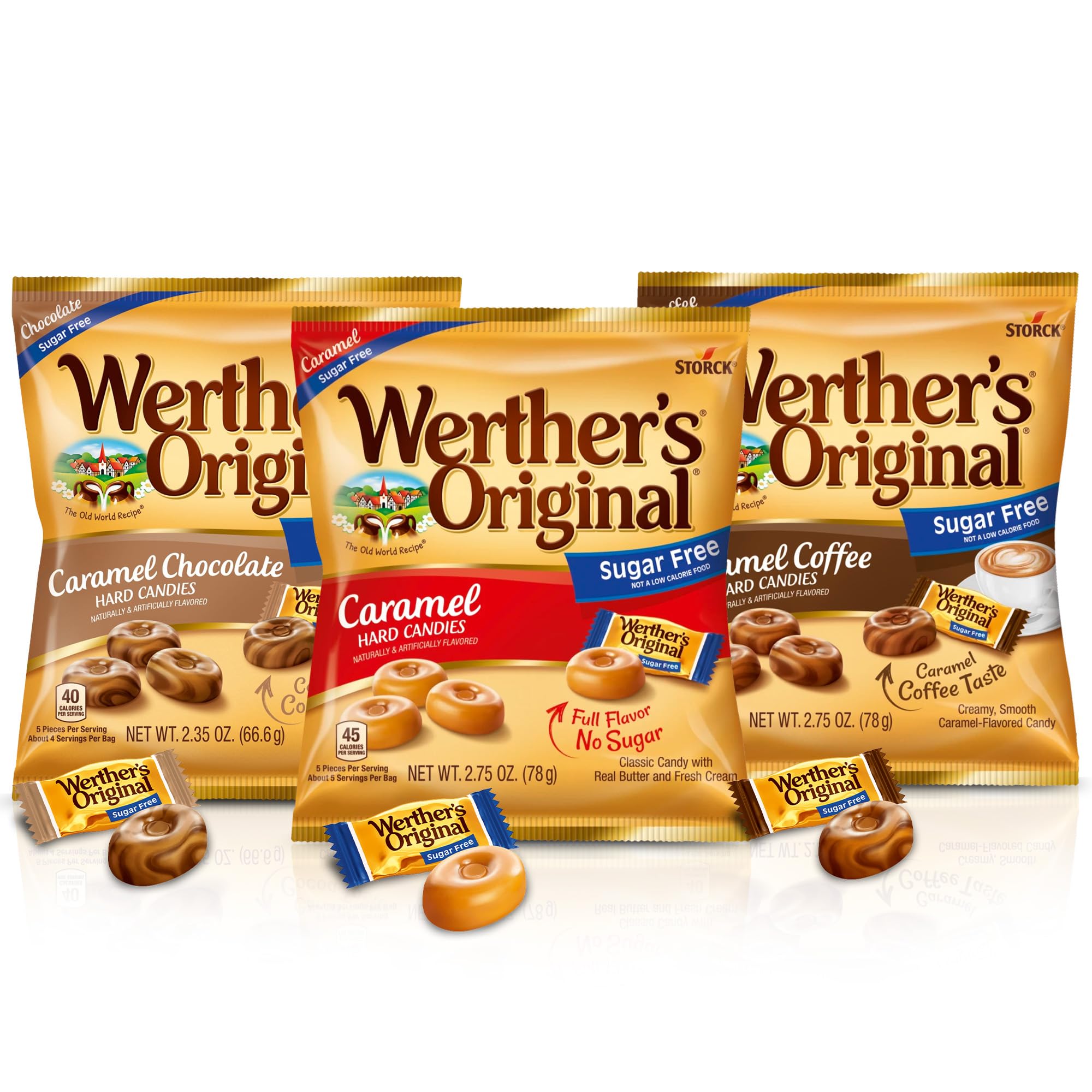 Hominics Werther's variety pack front view showing three resealable bags and branding benefit: convenient gifting