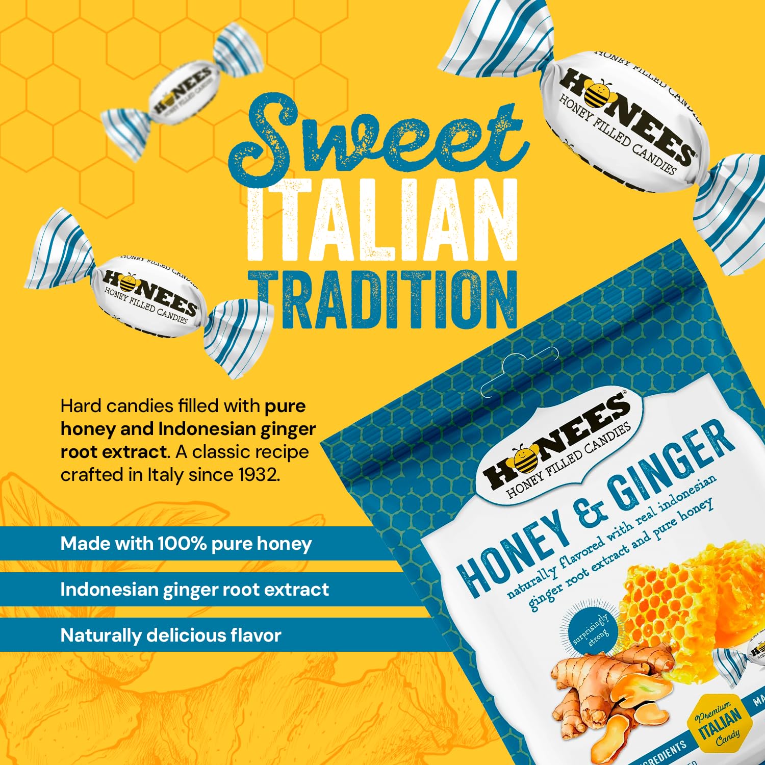 Honees close-up of a candy piece revealing texture and natural ingredient appeal
