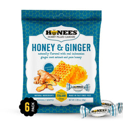 Honees front packaging showing product and honey ginger flavor benefit portability