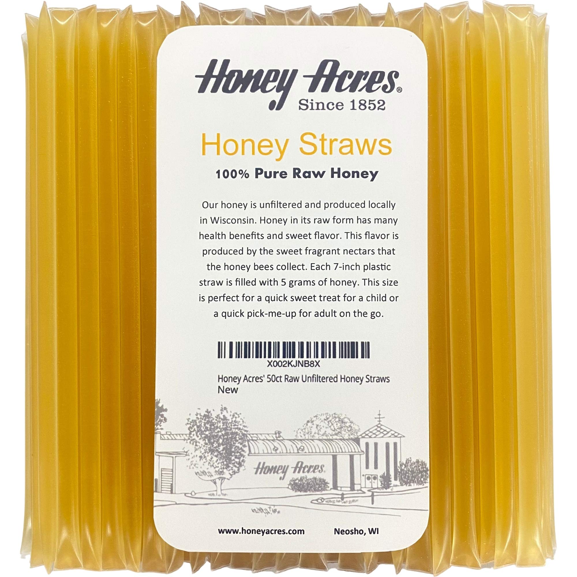 Honey Acres front packaging showing 50-count clover honey straws and convenience