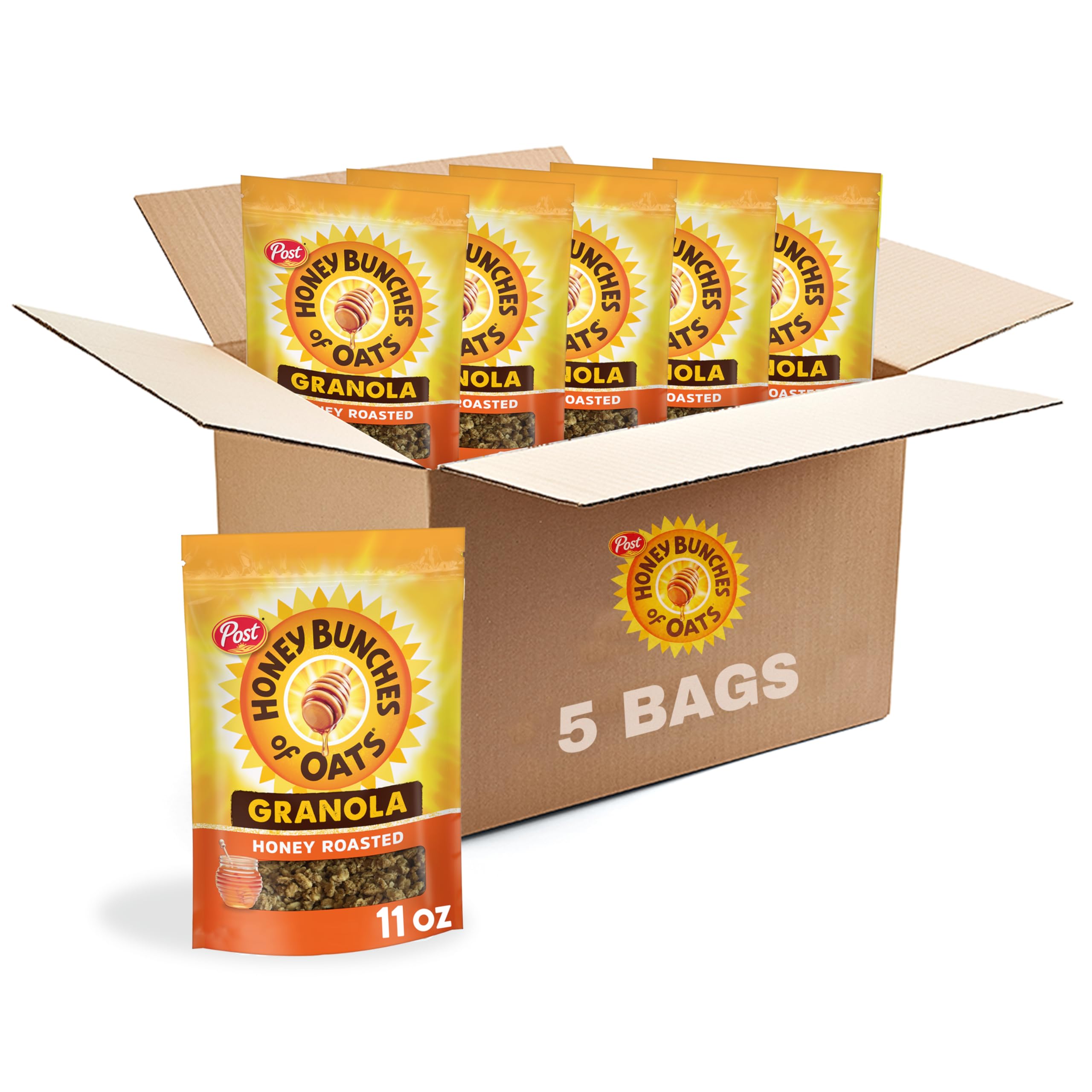 Honey Bunches of Oats front packaging showing five 11 oz bags and product branding, convenience benefit