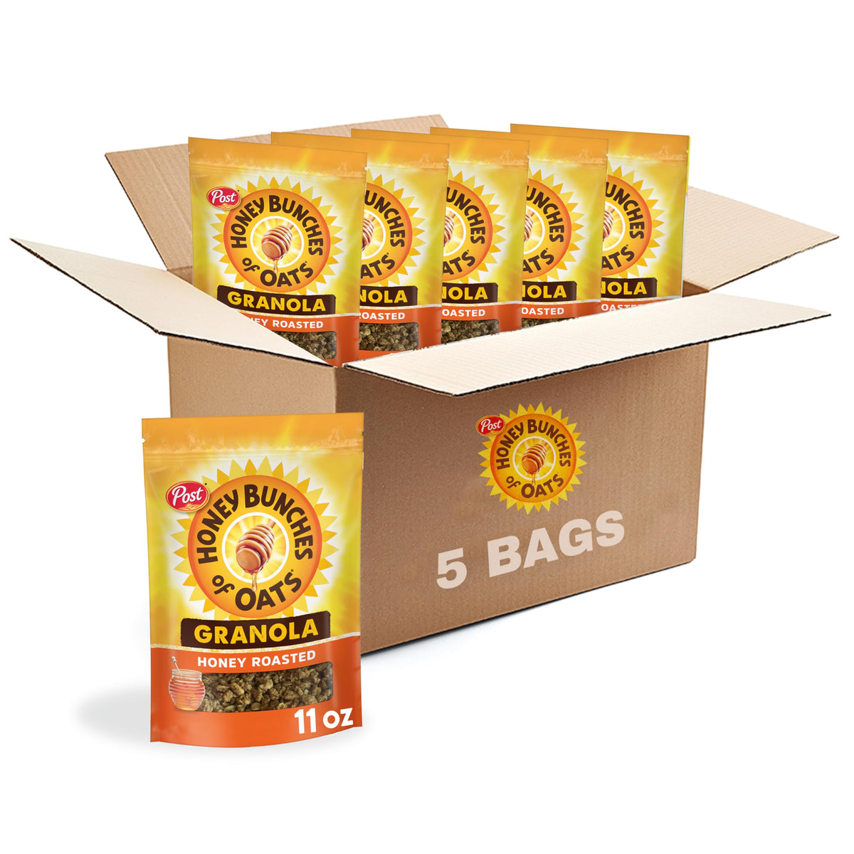 Honey Bunches of Oats front packaging showing five 11 oz bags and product branding, convenience benefit