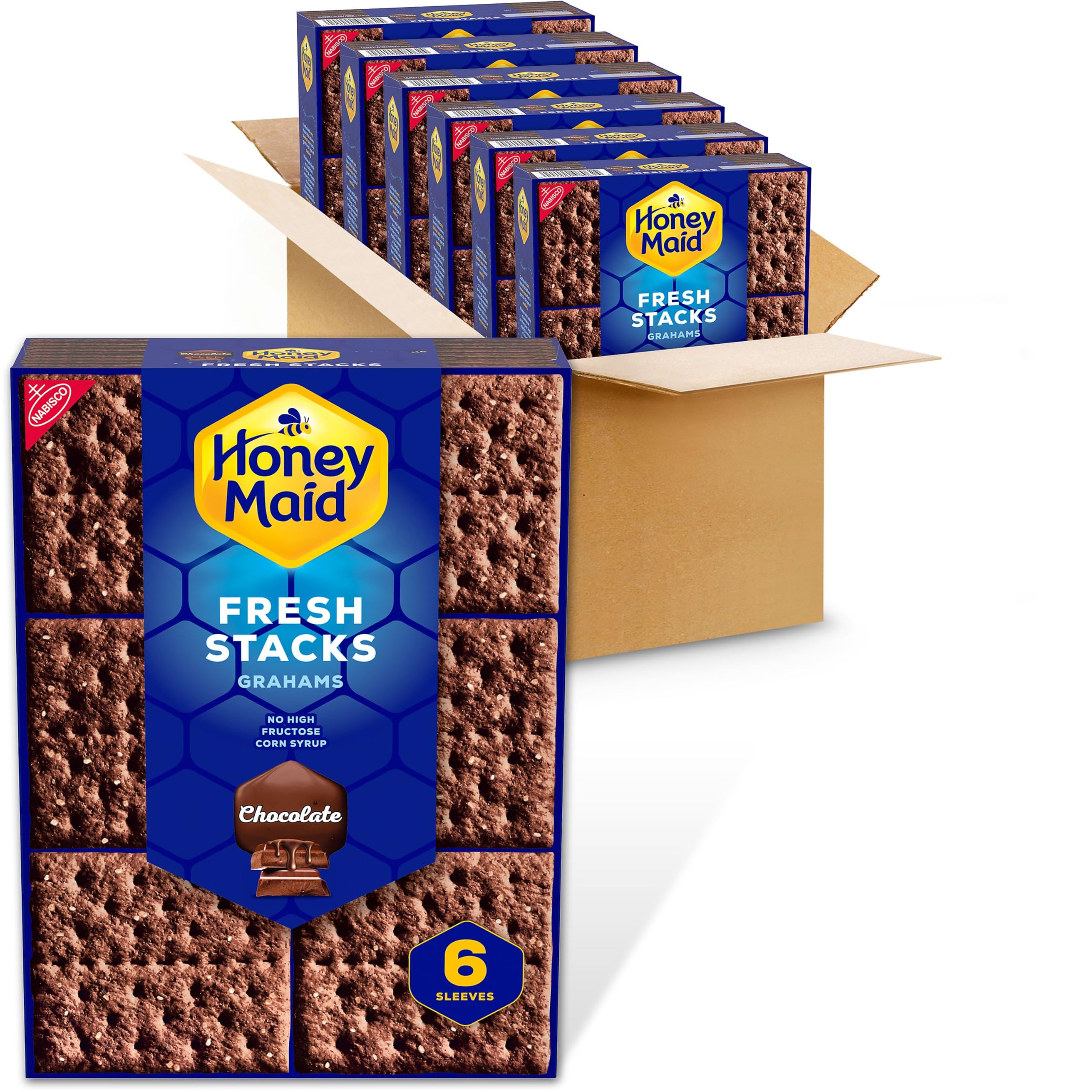 Honey Maid front packaging showing six boxes and 36 fresh stacks for convenience