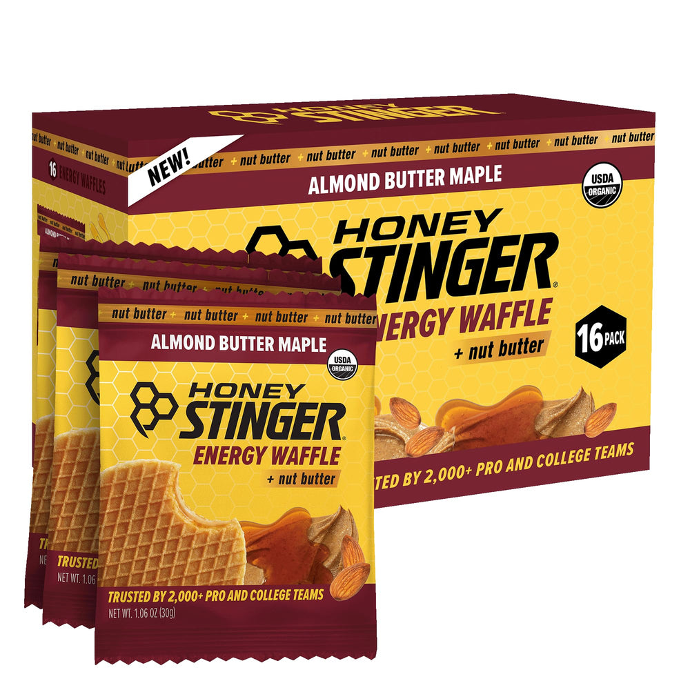 Honey Stinger front packaging showing almond butter maple waffle benefits for quick energy