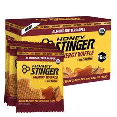 Honey Stinger front packaging showing almond butter maple waffle benefits for quick energy