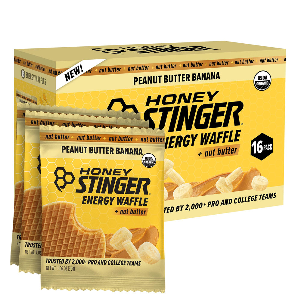 Honey Stinger front packaging showing organic waffle and flavor benefits