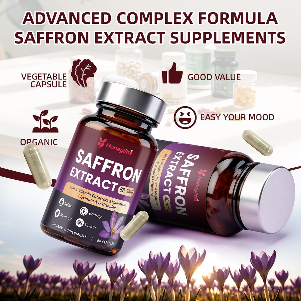 Honeylitte powdered saffron extract texture showing fine organic botanical quality
