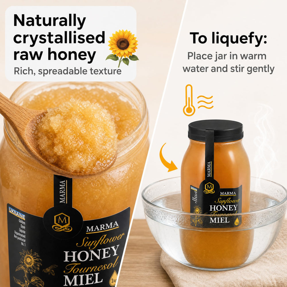 HONIGMA jar with sunflower field background illustrating Ukrainian origin clarity