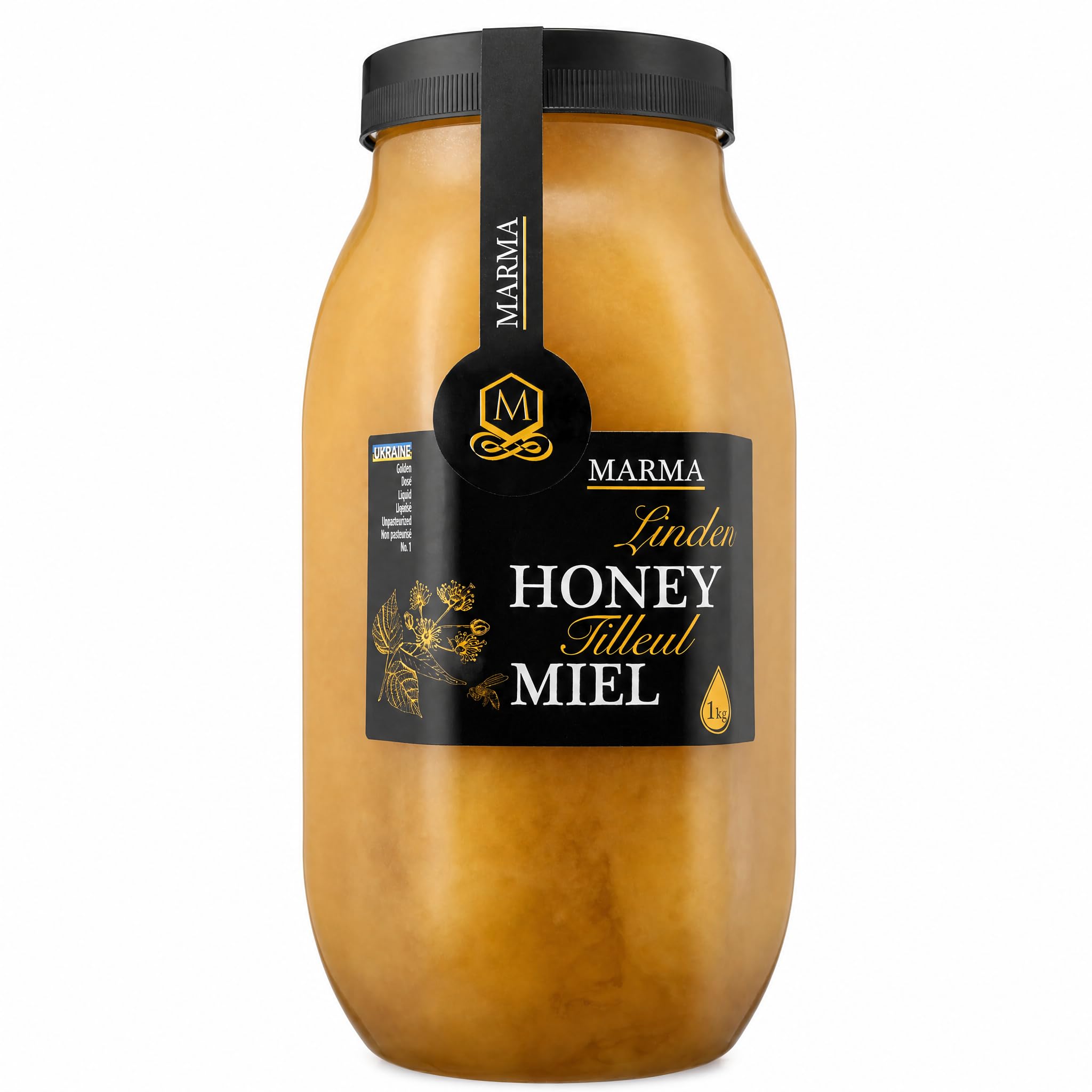 HONIGMA jar front view showing label and natural linden color, premium flavor
