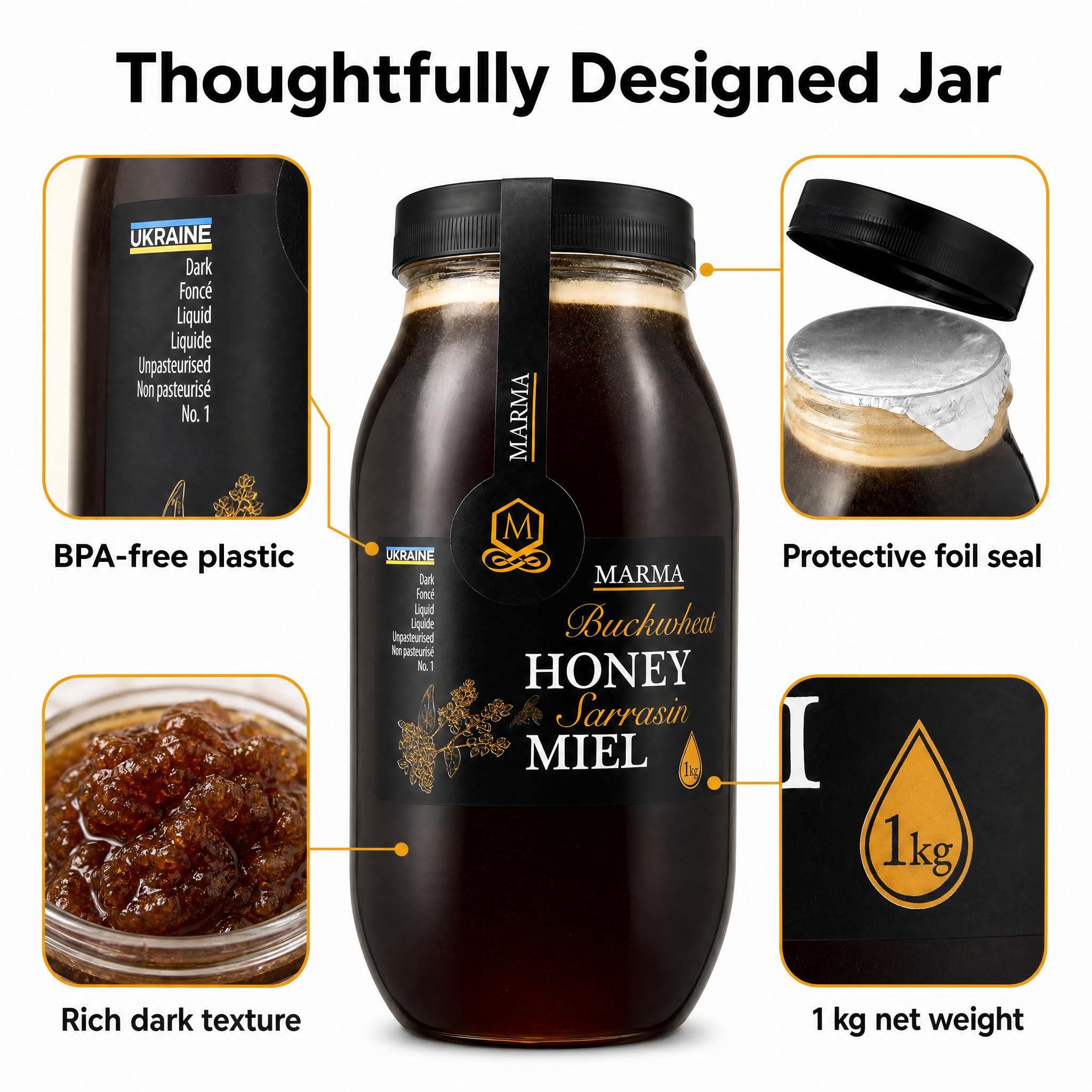 HONIGMA honey spoon close-up showing thick texture and easy serving benefit
