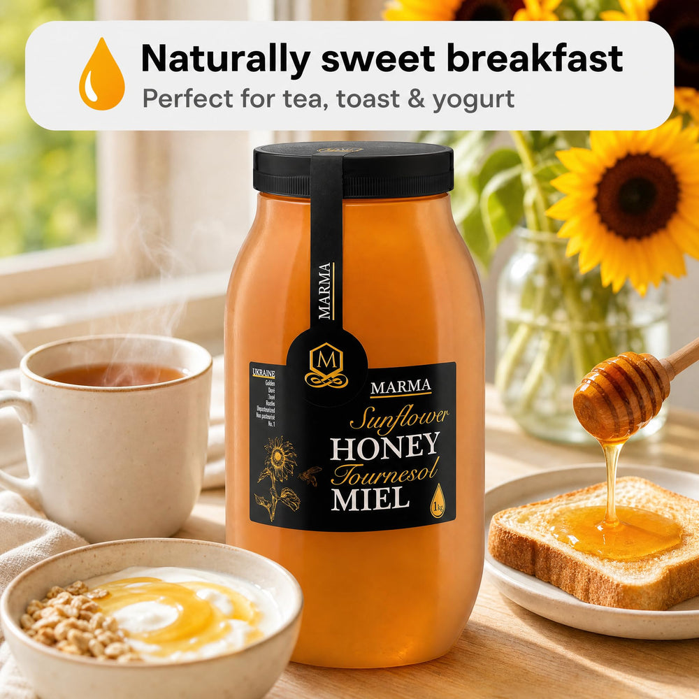 HONIGMA jar next to toast in breakfast scene for delicious morning use
