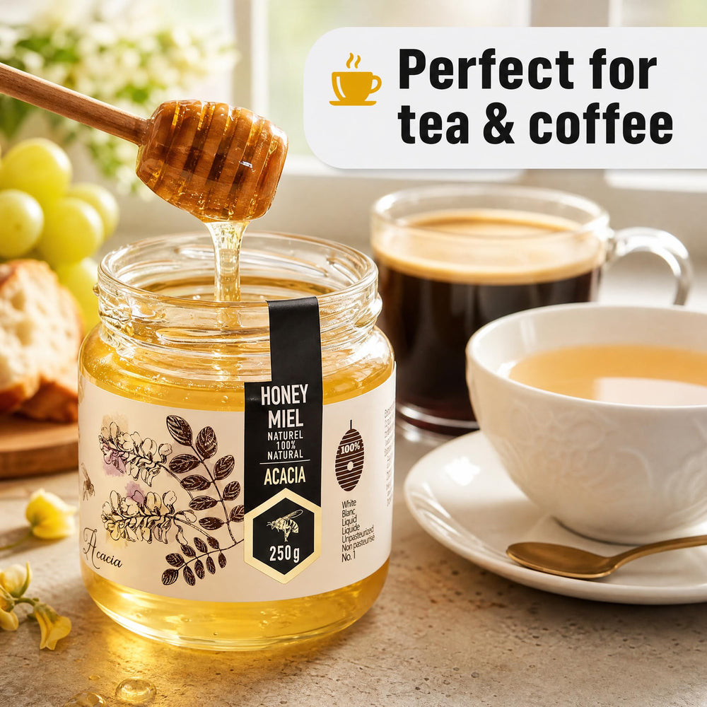 HONIGMA spoon stirring honey into tea showing easy blending and mild taste